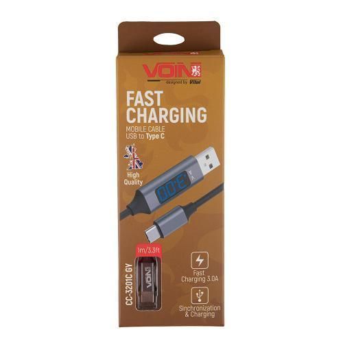 Кабель VOIN CC-3201C GY , USB - Type C 3А, 1m, grey с дисплеем (CC-3201C GY) CC-3201C GY фото