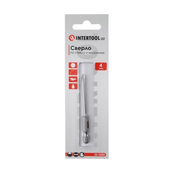 Сверло по стеклу и керамике 4мм HEX 1/4''(6.35mm) INTERTOOL SD-0284 SD-0284 фото