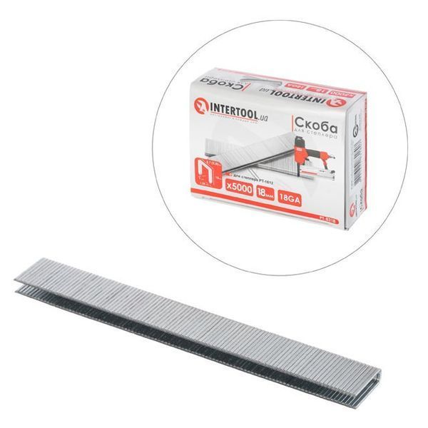 Скоба для степлера РТ-1612 18мм (18GA) 5,7(5,8)x1,25x1,0мм 5000шт/упак INTERTOOL PT-8318 PT-8318 фото