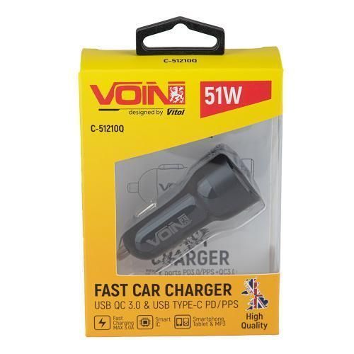 Автомобільний зарядний пристрій VOIN 51W, 1 USB QC 3.0 18 W + 1PD 33 W, 12/24 V (C-51210Q) C-51210Q фото