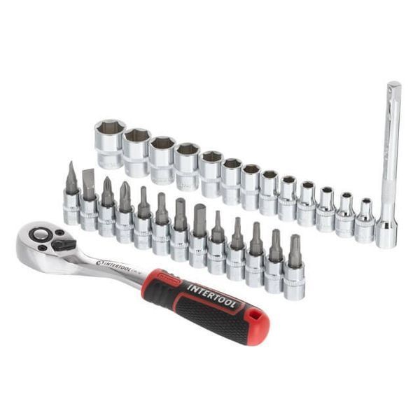 Набір головок 1/4" 4-14 мм, TORX, PH, HEX, SL, подовжувач, ручка з храповим механізмом 72 зуби, ET-8018 фото