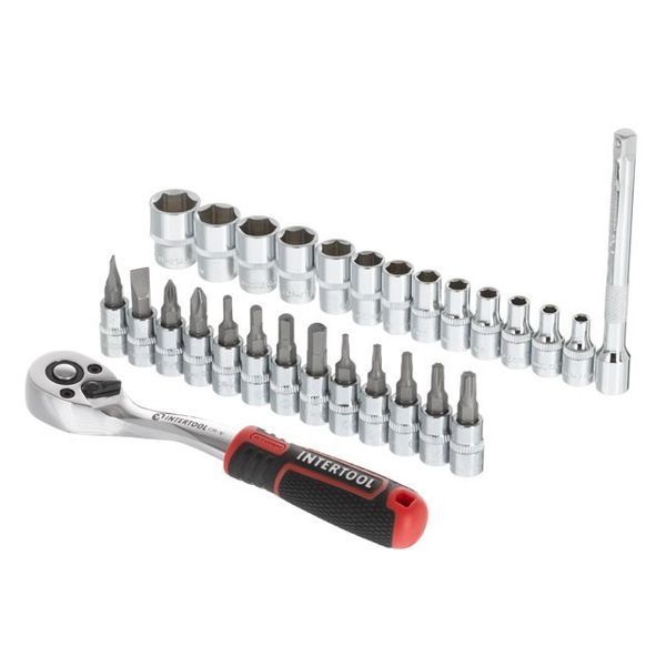Набір головок 1/4" 4-14 мм, TORX, PH, HEX, SL, подовжувач, ручка з храповим механізмом 72 зуби, ET-8018 фото