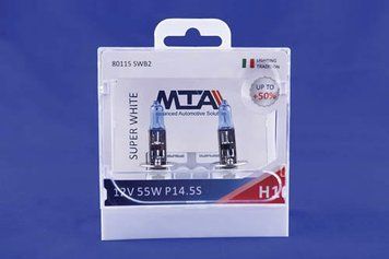 Лампа автомобильная H1 12V 55W P14.5S SUPER WHITE (ближняя/дальняя, противотуманная) (светло-голубой) (2шт) MTA 80115 SWB2 80115 SWB2 фото