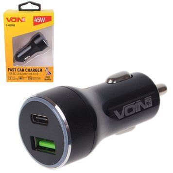 Автомобільний зарядний пристрій VOIN 45 W, 1 USB QC 3.0 18 W + 1PD 27 W, 12/24 V (C-45205Q) C-45205Q фото