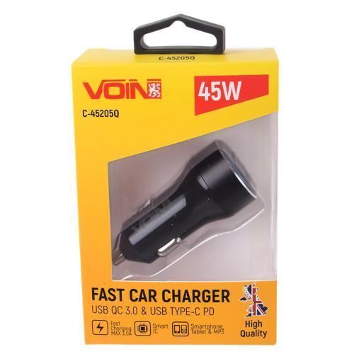 Автомобільний зарядний пристрій VOIN 45 W, 1 USB QC 3.0 18 W + 1PD 27 W, 12/24 V (C-45205Q) C-45205Q фото