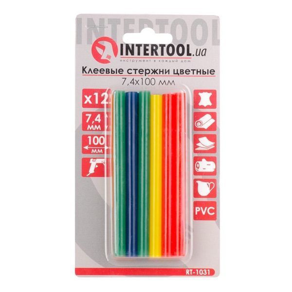 Комплект кольорових клейових стрижнів 7.4 мм*100 мм, 12 шт. INTERTOOL RT-1031 RT-1031 фото