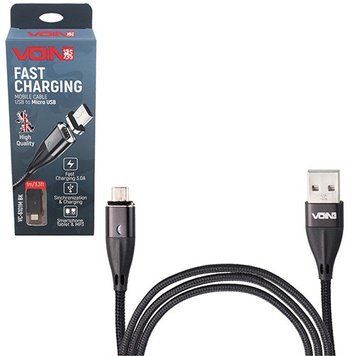 Кабель магнитный VOIN USB - Micro USB 3А, 1m, black (быстрая зарядка/передача данных) (VC-6101M BK) VC-6101M BK фото