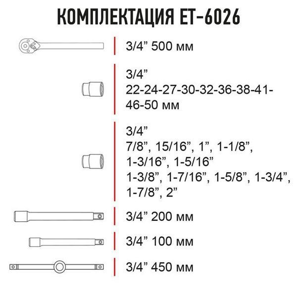 Профессиональный набор инструментов 3/4", 26 ед INTERTOOL ET-6026 ET-6026 фото